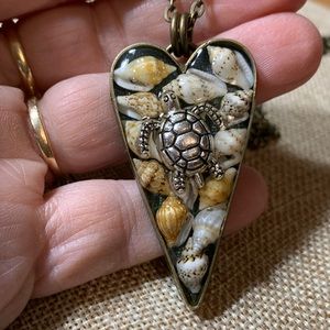 Turtle Seashell Turtle 3D Layered Heart Necklace 24” New Handmade